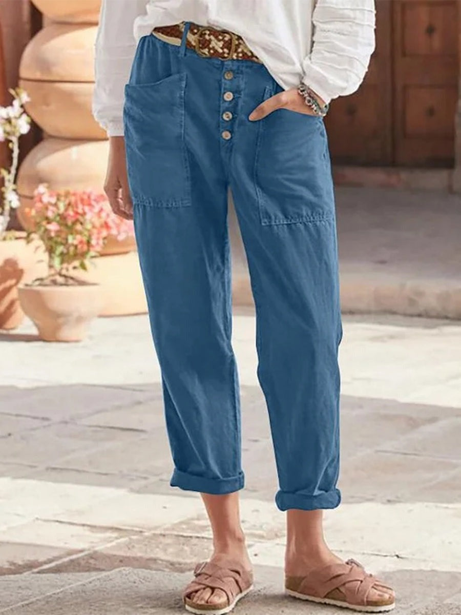 Summer Solid Color Pockets & Button Detail Casual Pants