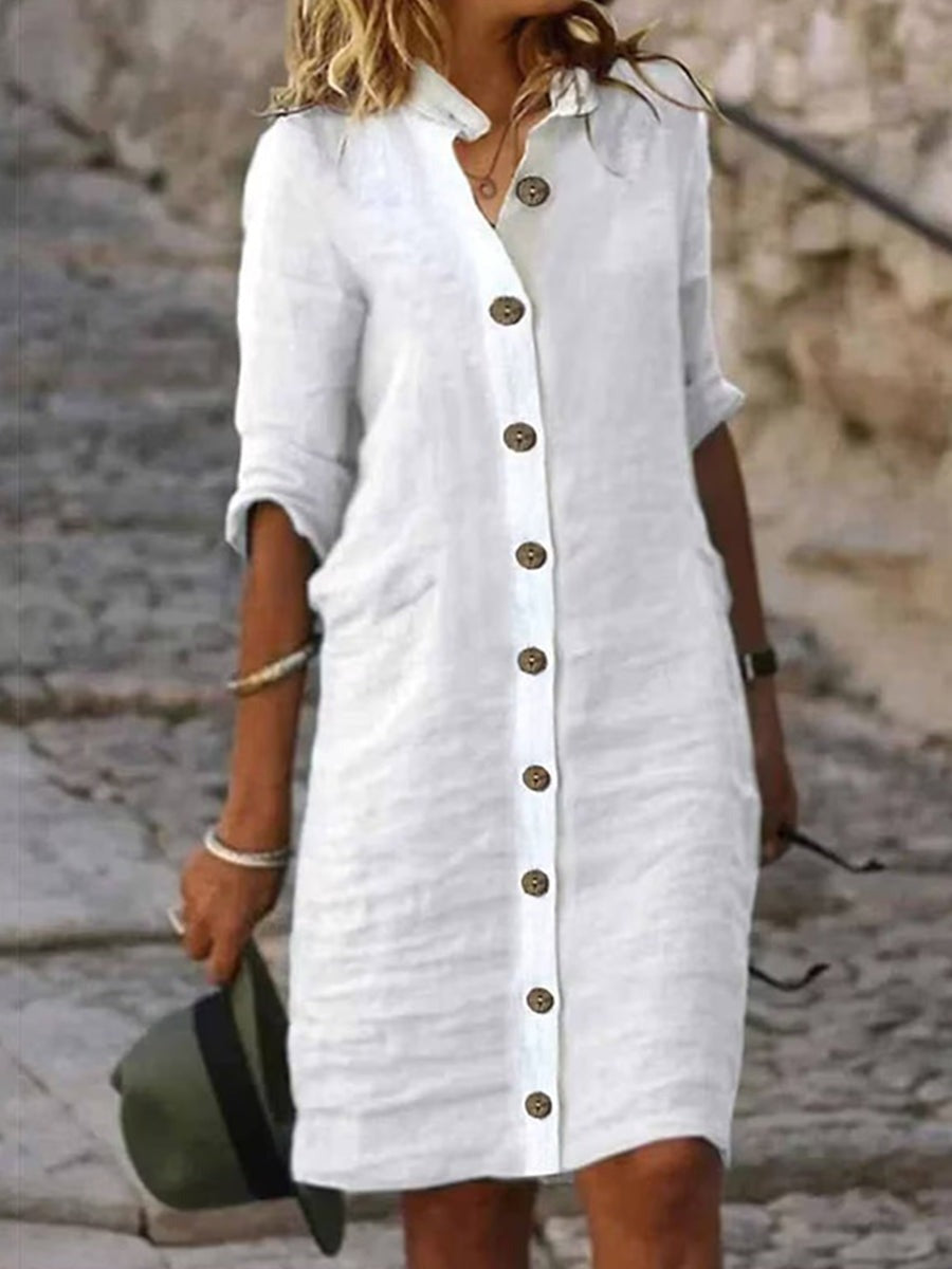 Chic Pure White Stand Collar Half Sleeves Button-Front Loose Mini Dress