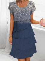 Glitter Round Neck Short Sleeve Flouncy Tiered Mini Dress