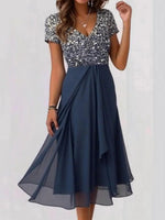 Glitter V-Neck Short Sleeve Flowy Elegant Midi Dress