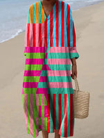 Colorful Stripe Art Print V-neck Long Sleeve Casual Maxi Dress