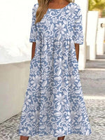 Floral Print Crew Neck Short Sleeve Side Pocket Loose Midi Dress