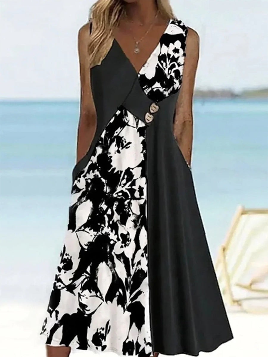 Black-White Floral Print V-neck Sleeveless Summer Midi Dress