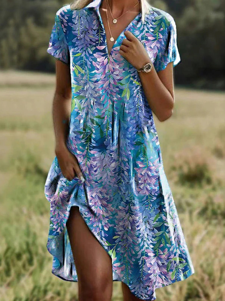 Floral Print V-neck Short Sleeve Casual Comfy Mini Dress