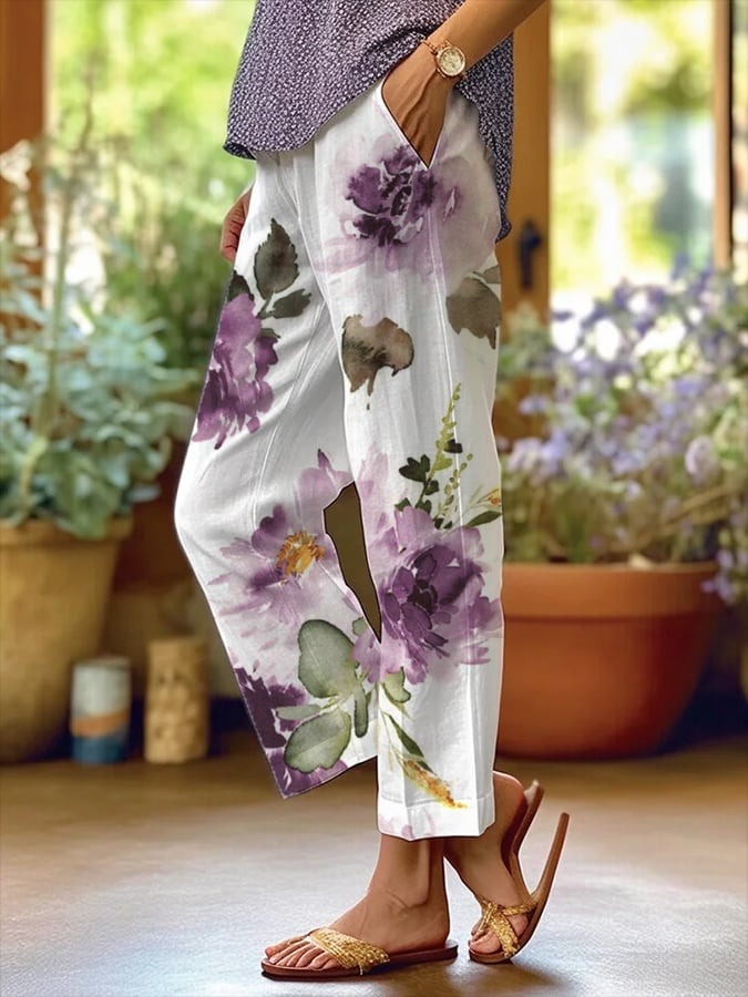 Floral Print Pockets Casual Comfy Summer Pants