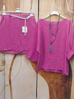 Rose Red Round Neck Long Sleeve Blouse and Casual Shorts Two Piece Sets