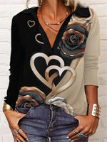 Heart and Floral Pattern V Neck Long Sleeve Casual Blouse