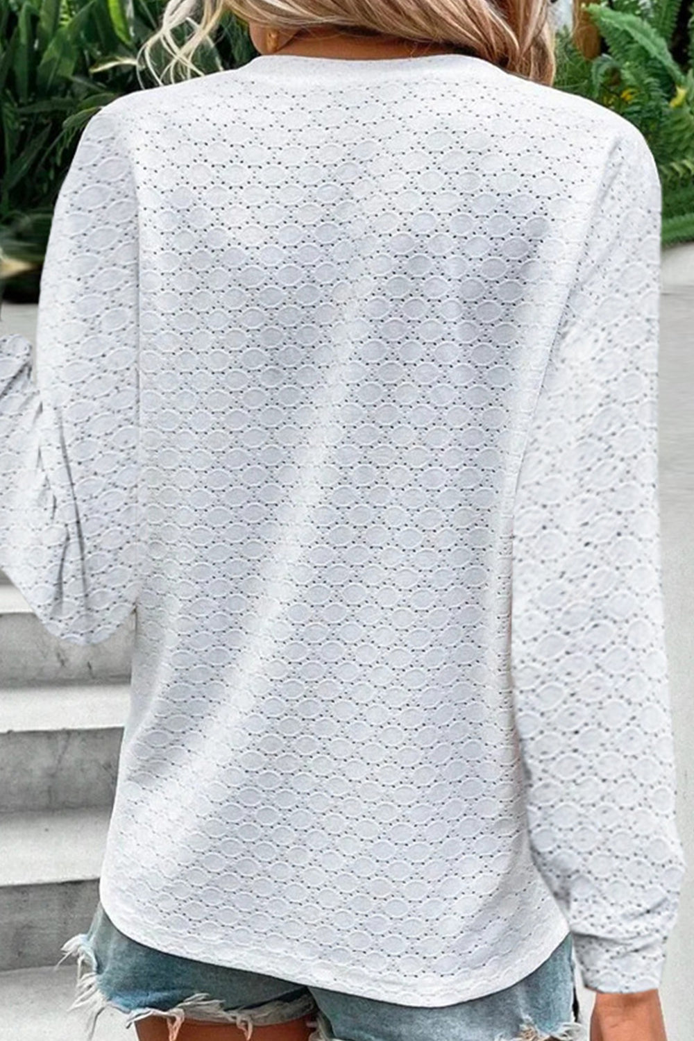 Solid Color Button V Neck Long Sleeve Hollow Out Casual Blouse