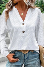 Solid Color Button V Neck Long Sleeve Hollow Out Casual Blouse