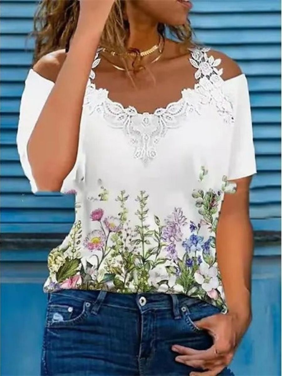 Floral Lace Cold Shoulder V-Neck Short Sleeve Casual White Blouse