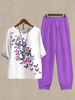 Butterfly Print Round Neck Half Sleeve Blouse and Purple Loose Pants Casual Two Piece Sets
