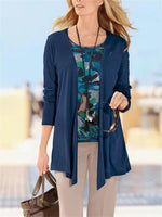 Dark Blue Lapel Solid Long Sleeve Cardigan