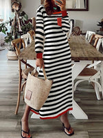 Black Striped Round Neck Long Sleeve Maxi Dress