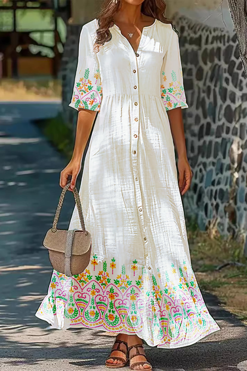 Boho Romantic Buttoned V-neck Short Sleeve Maxi Dress