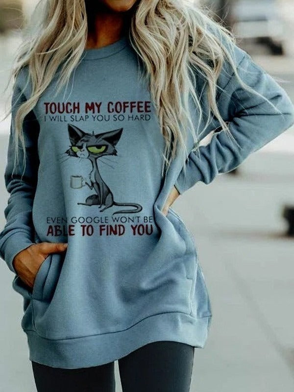 Blue Graphic Cat Printed Round Neck Long Sleeve Sweatshirt