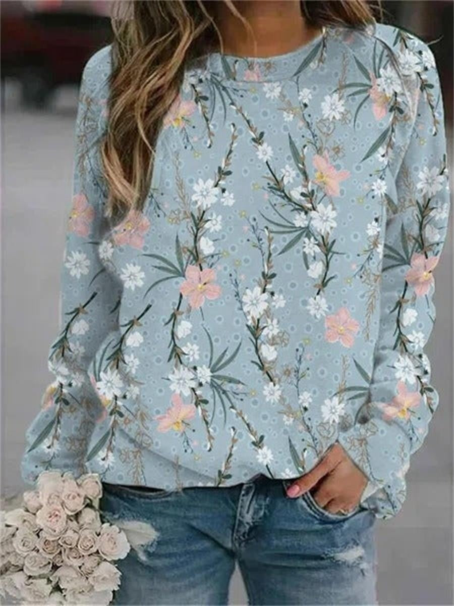 Blue Graphic Floral Printed Round Neck Long Sleeve Sweatshirt