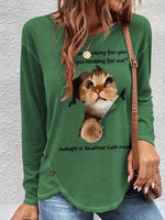 Green Graphic Cat Character Printed Round Neck Long Sleeve Sweatshirt