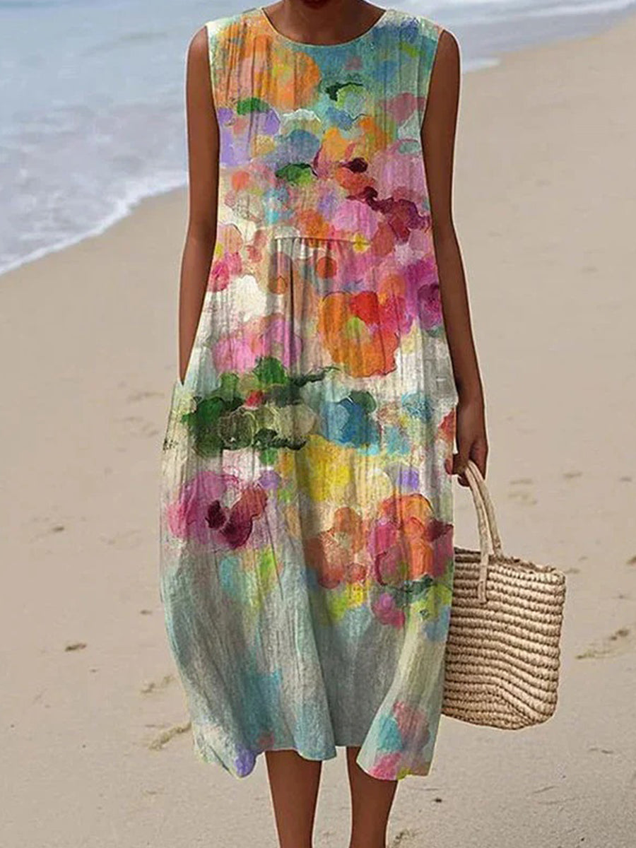 Vintage Colourful Round Neck Sleeveless Midi Dress