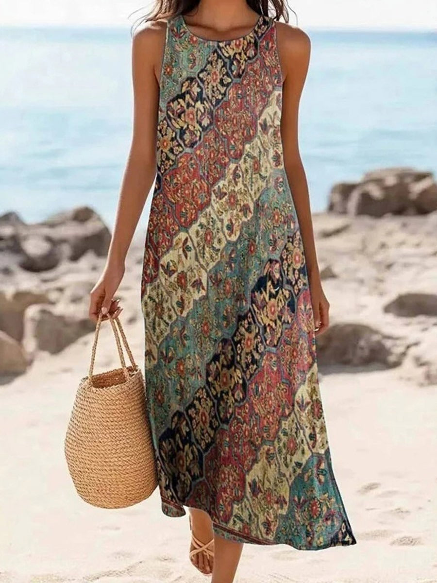 Vintage Ethnic Print Round Neck Sleeveless Midi Dress