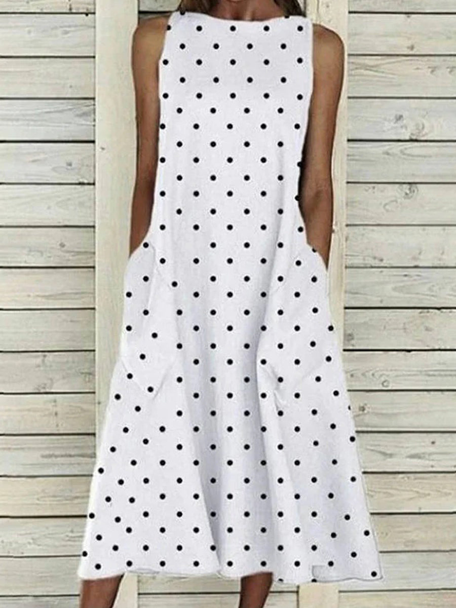 Casual Polka Dot Print Round Neck Sleeveless Midi Dress