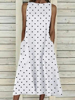 Casual Polka Dot Print Round Neck Sleeveless Midi Dress