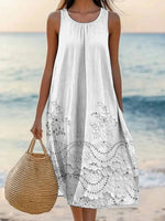 Solid Color Floral Round Neck Sleeveless Casual White Midi Dress