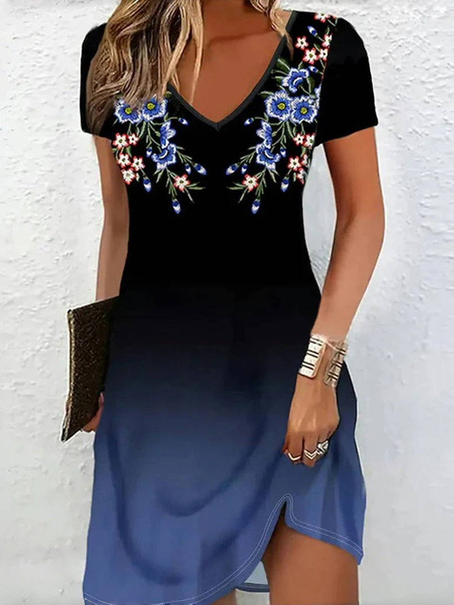 Floral Print Gradient Color V-neck Short Sleeve Elegant Midi Dress