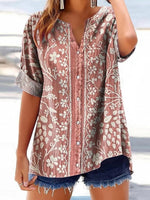 Floral Mixture print V-neck Short Sleeve Tops