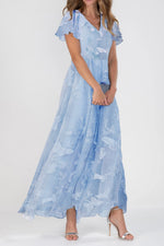 Elegant Blue Floral Print V-neck Short Sleeve Maxi Dress