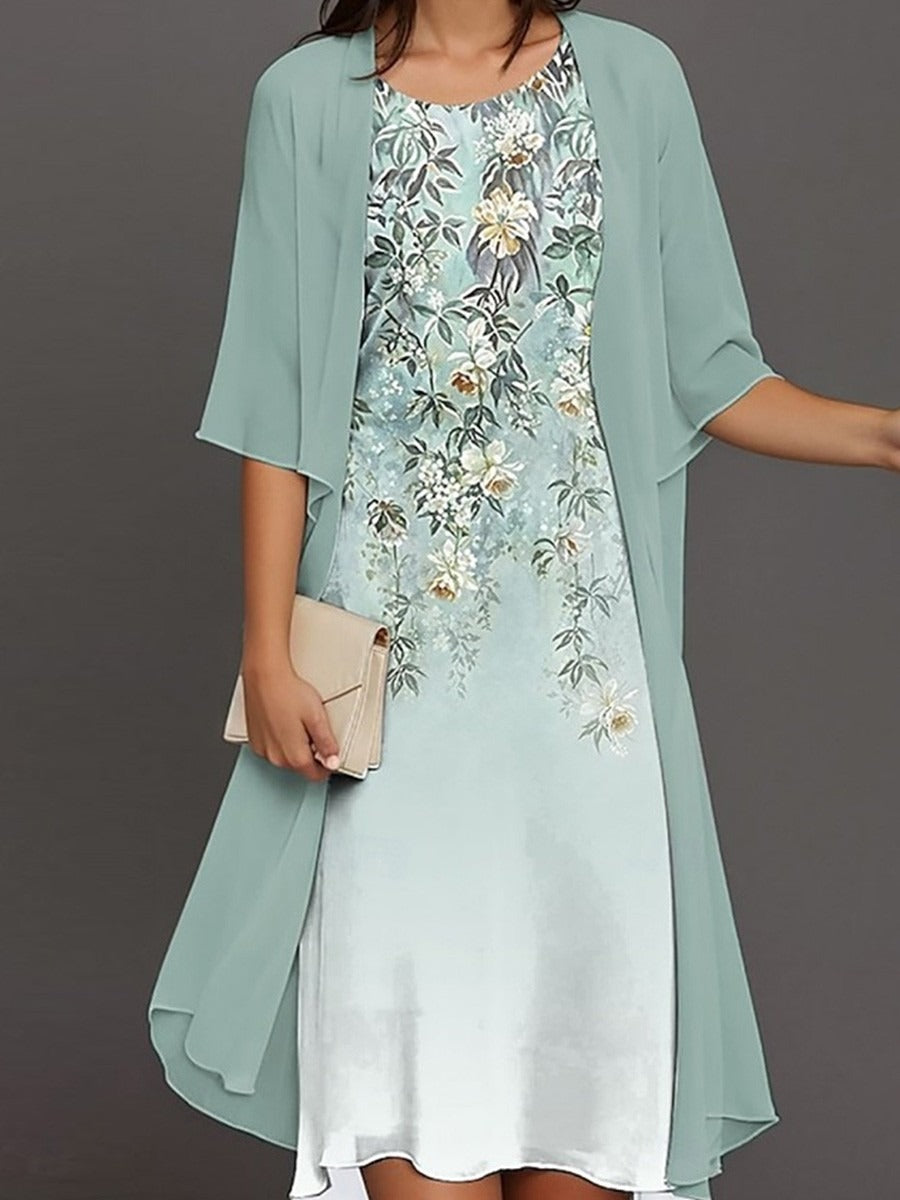 Elegant Floral Print Round Neck Half Sleeve Green Midi Dress