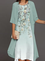 Elegant Floral Print Round Neck Half Sleeve Green Midi Dress