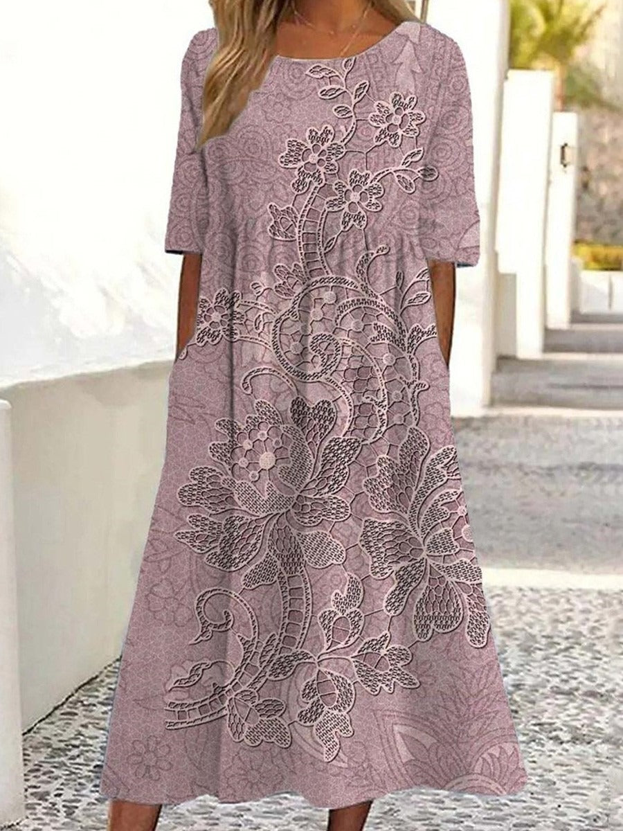 Pink Floral Print Round Neck Short Sleeve Midi Dress