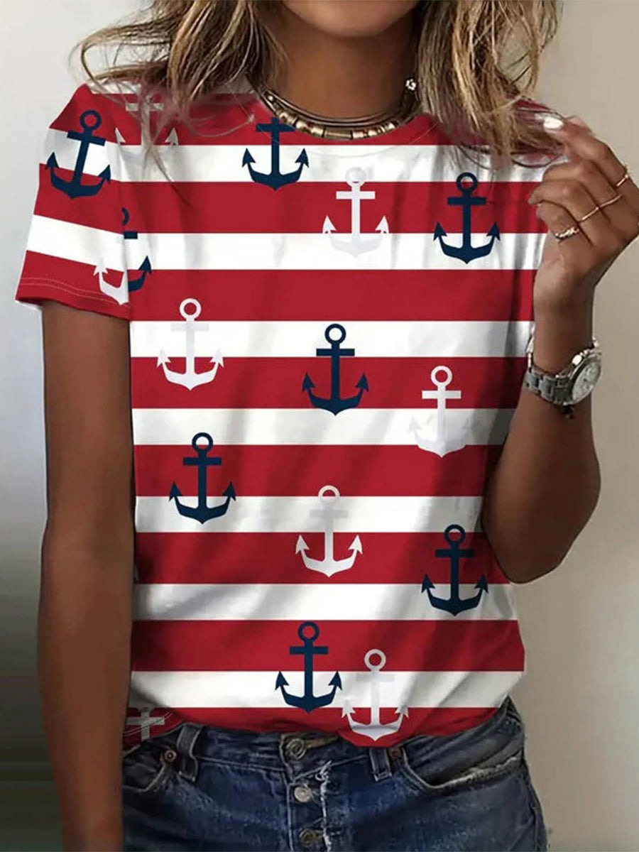 Stripe Print Crew Neck Short Sleeve Casual T-Shirt