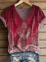 Ethnic Print V-neck Short Sleeve Daily Loose T-shirt