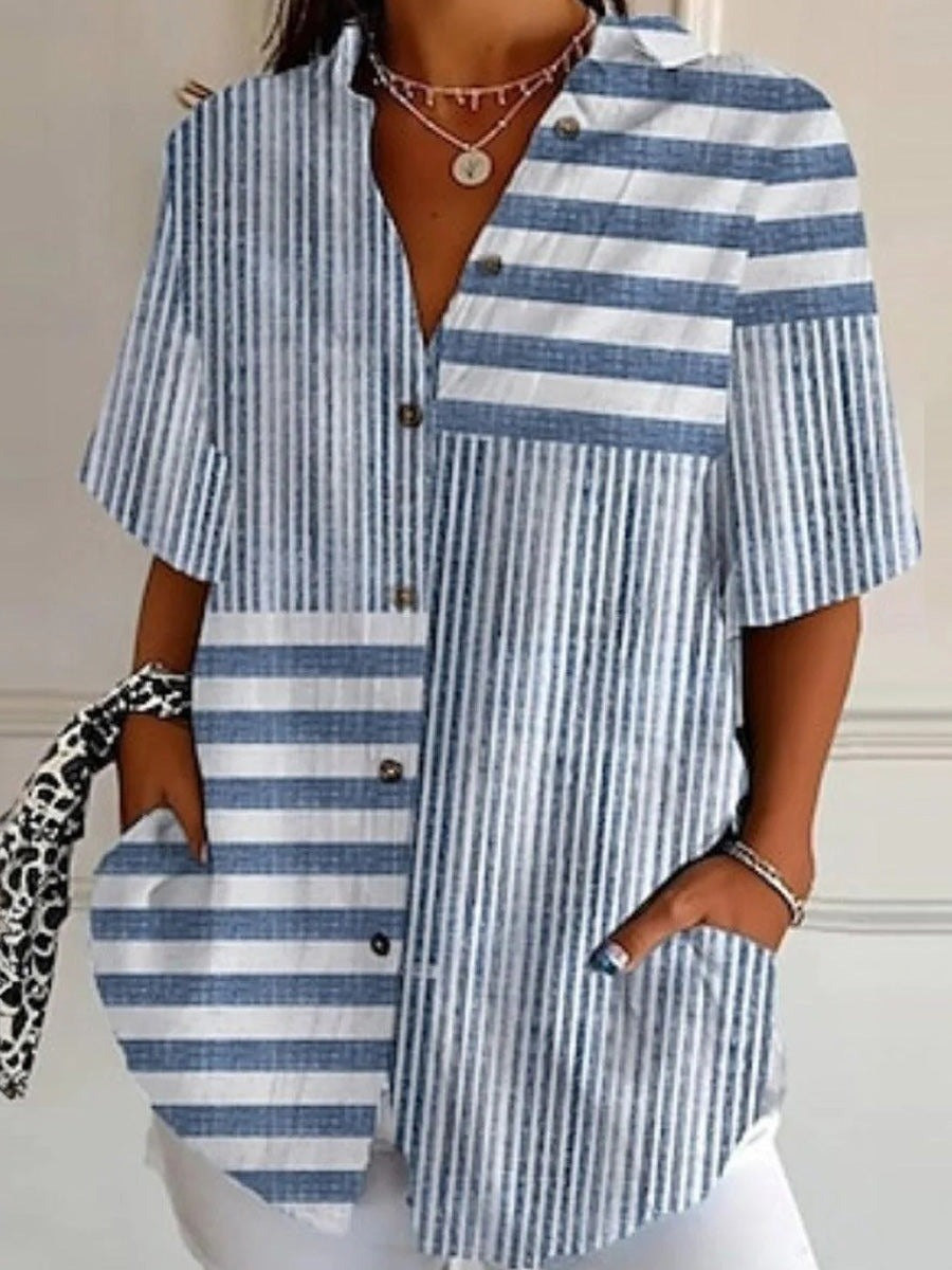 Blue Stripe Lapel Short Sleeve Casual Loose Blouse
