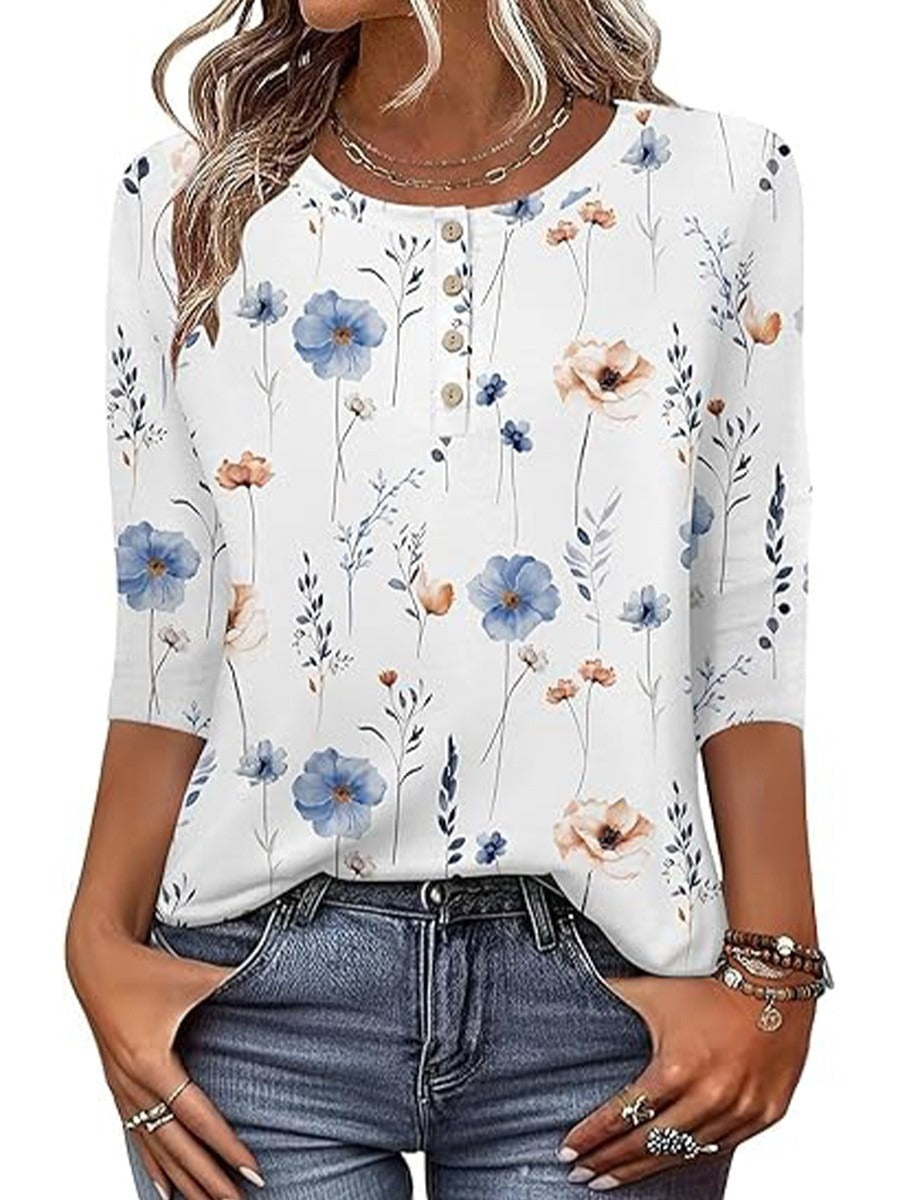 Casual Floral Print Round Neck 3/4 Sleeve Blouse