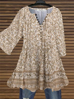 Graphic Buttons V-neck 3/4 Sleeve Tops