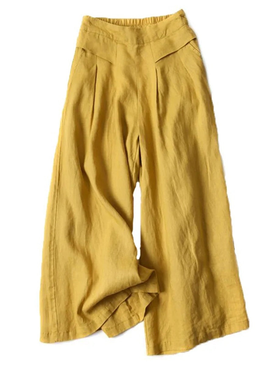 Solid Color Elastic Waist Loose Casual Ninth Wide-Leg Pants