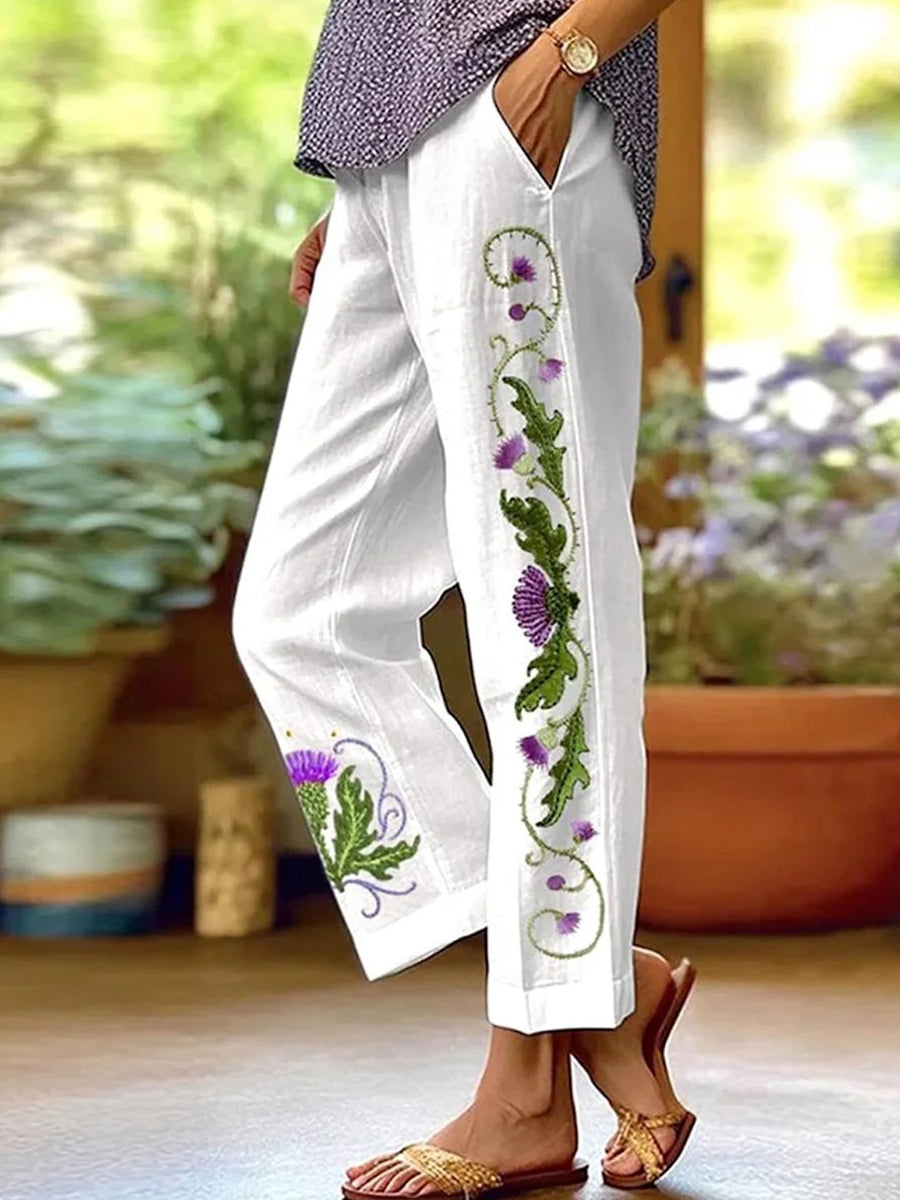 Fresh Floral Print Side Pocket Casual Pants