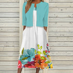 Floral Print V-neck Sleeveless Side Pocket Midi Dress With Half Sleeve Jacket-Two Piece Set
