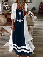 Anchor Print Sleeveless Maxi Dress with White Cardigan Nautical Two Piece Summer Outfit