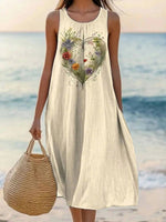 Vintage Heart Print Round Neck Sleeveless Comfy Midi Dress
