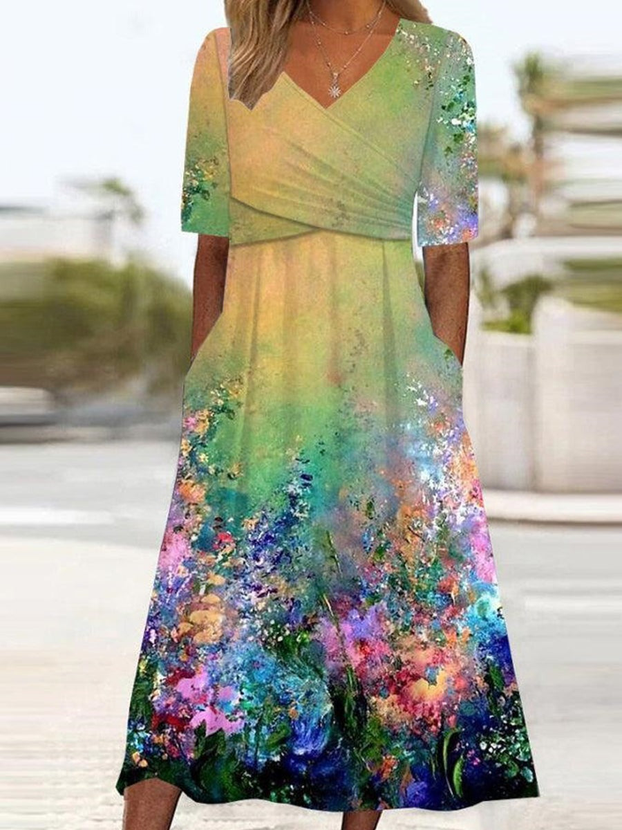 Vintage Floral Print V-neck Short Sleeve Side Pocket Casual Midi Dress