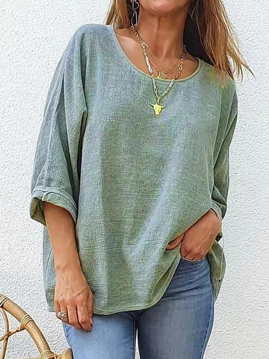 Plain Crew Neck 3/4 Sleeve Casual Loose T-Shirt