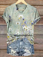 Floral Print V-neck Short Sleeve Casual Daily T-Shirt