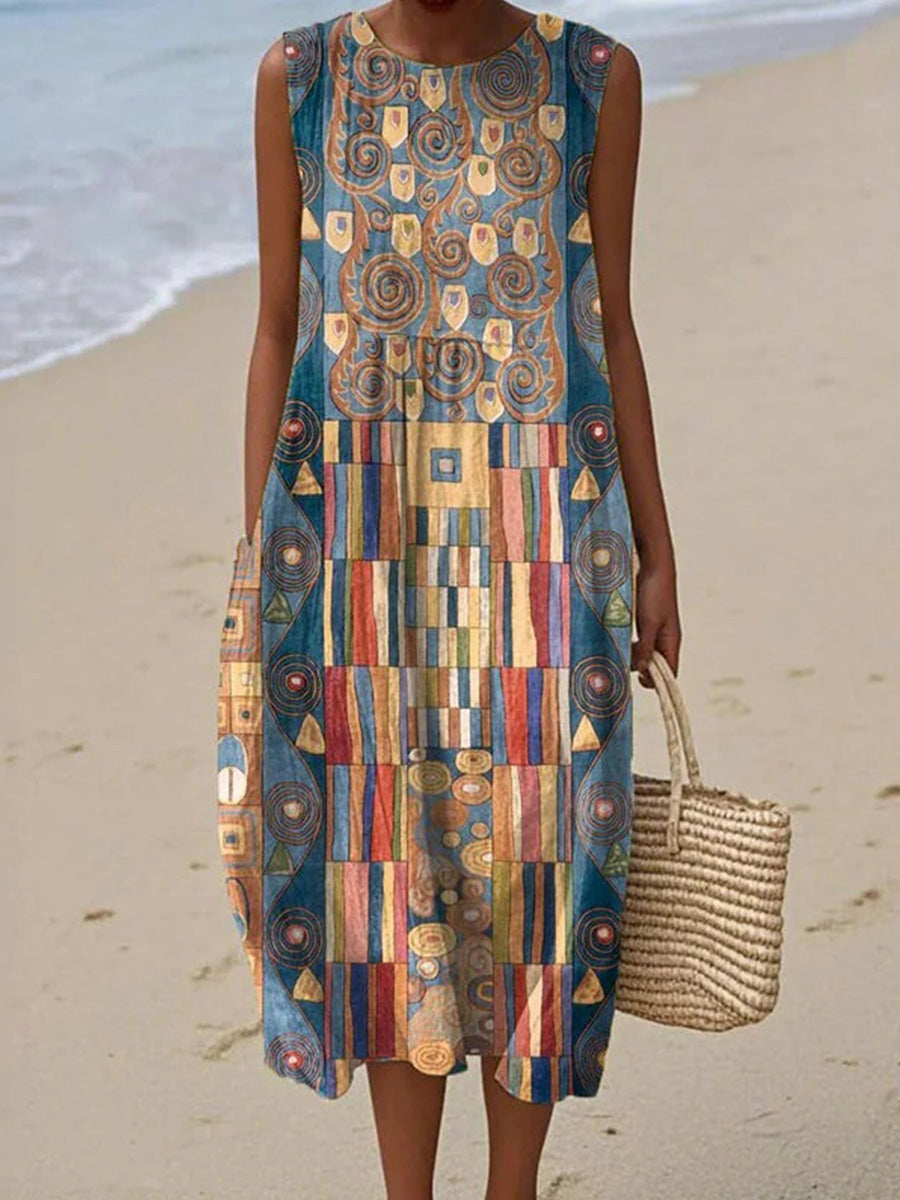 Vintage Geometric Print Round Neck Sleeveless Comfy Maxi Dress