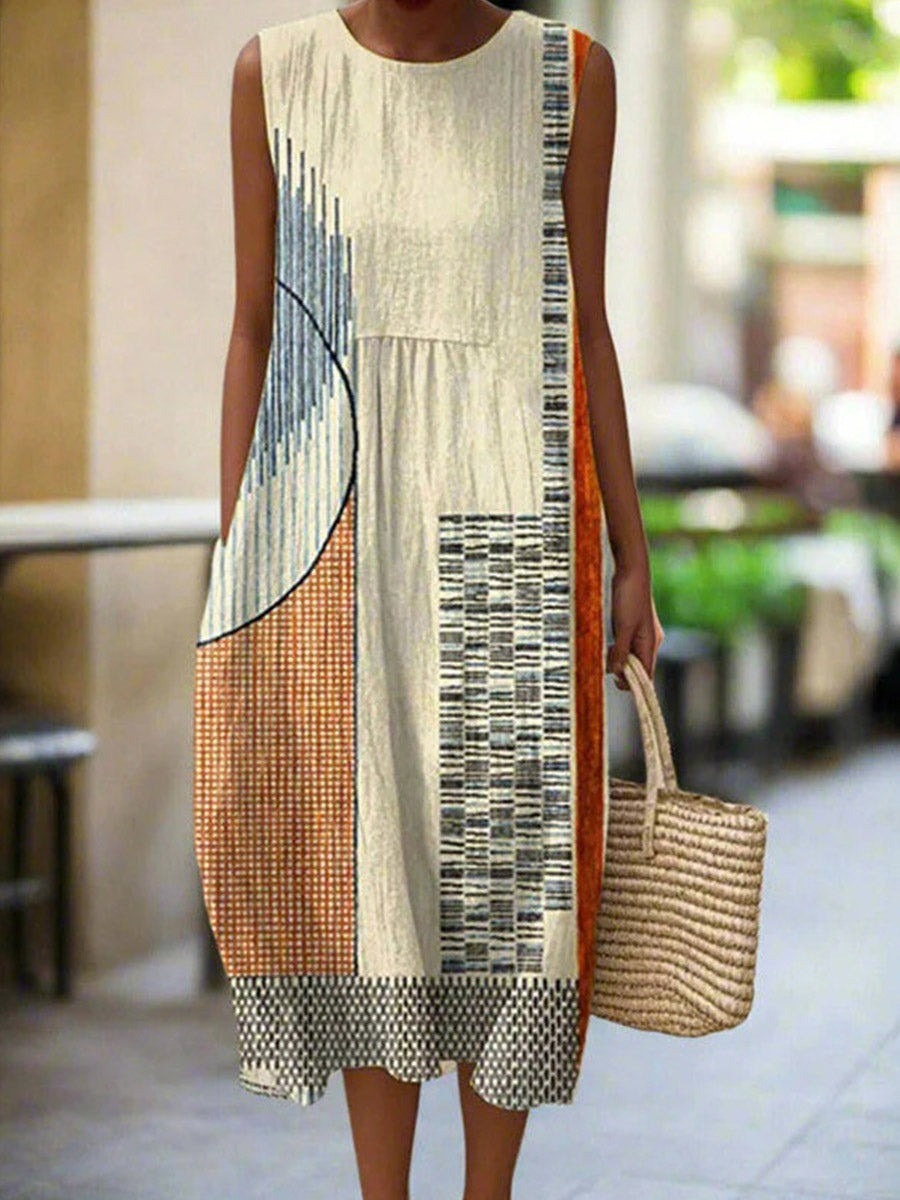 Vintage Geometric Print Round Neck Sleeveless Maxi Dress