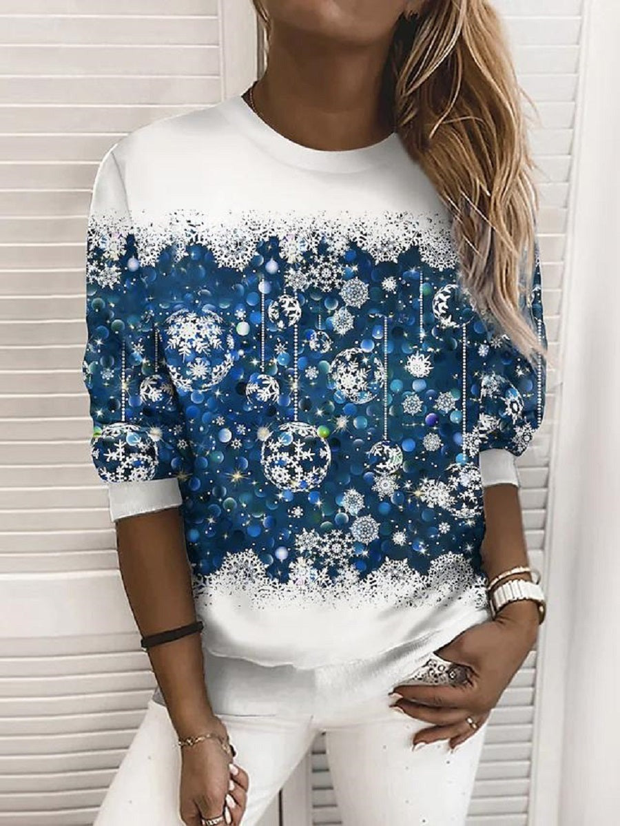 Chic Blue Print Round Neck Sweatshirt