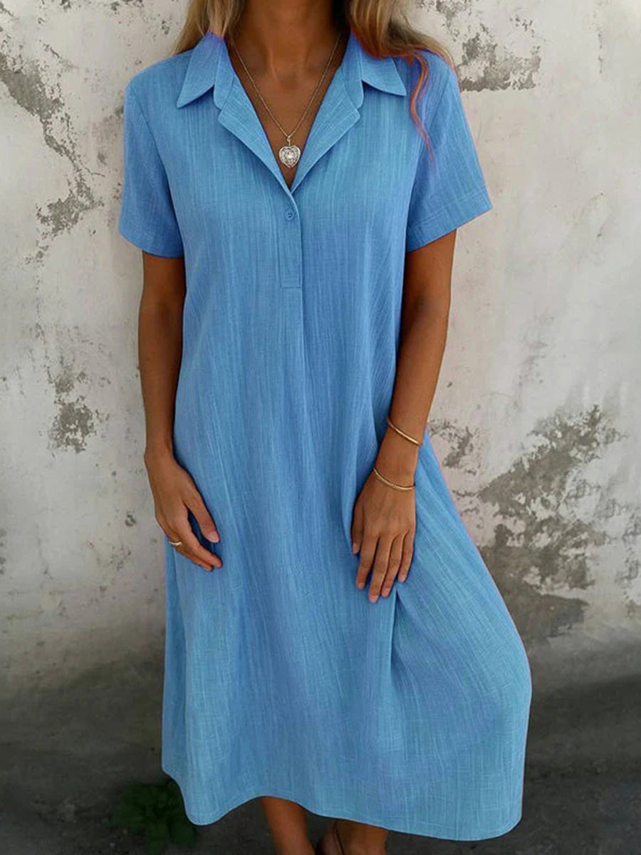 Solid Colour V-neck Short Sleeve Midi Dress
