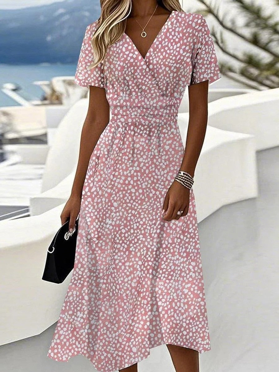 Pink V-Neck Short Sleeve Midi Dress